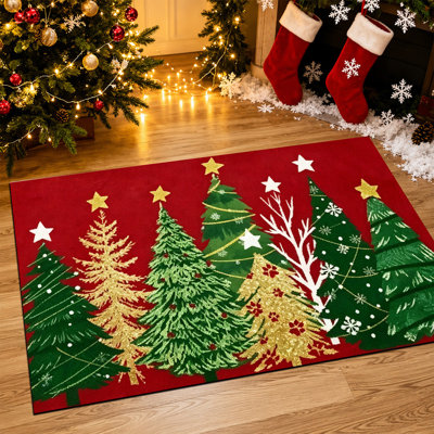 Tapis de porte de Noël antidérapant pour l'intérieur et l'extérieur, 61 x 91 cm, motif sapin rouge pailleté