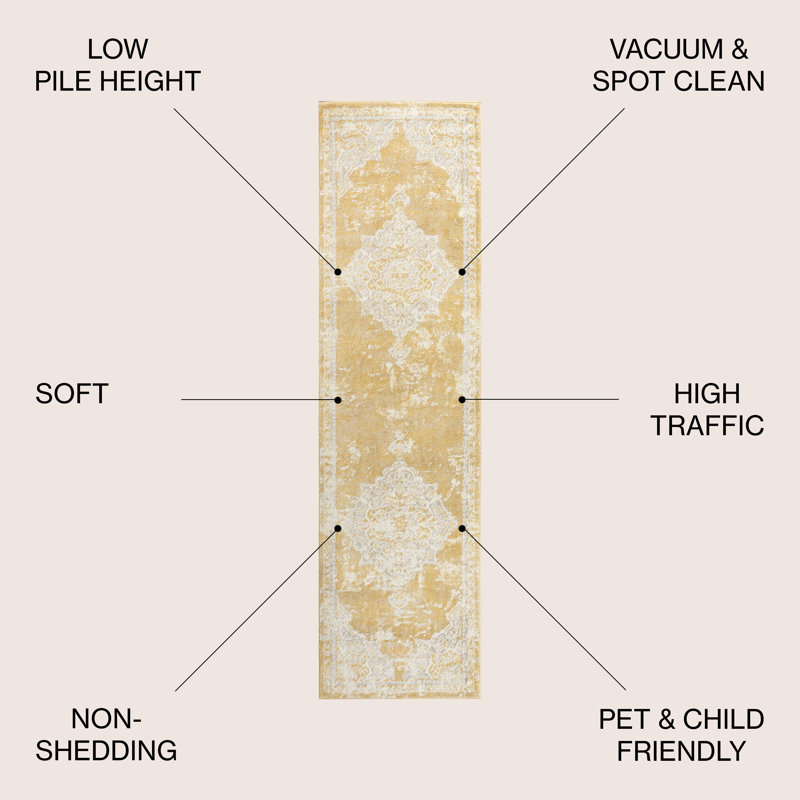 Marlik Ornate Medallion Modern Yellow/Cream Rug, Runner 2'2" x 8'