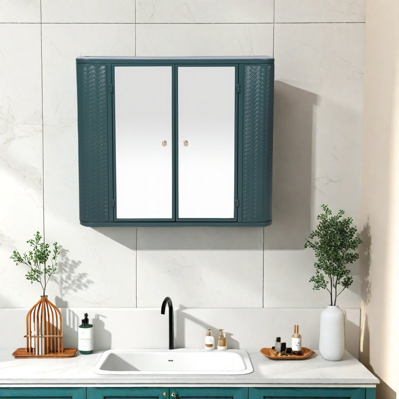 Armoire de salle de bain murale avec miroir, 2 portes en miroir et tablette ouverte, armoire de rangement Farmhouse, Vert