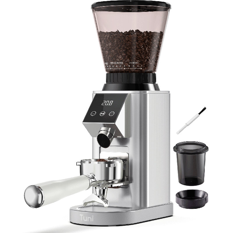 Moulin à café conique Tuni G1, moulin à meules antistatique 48 réglages de mouture, minuterie électronique de précision et écran tactile à DEL pour espresso / goutte à goutte / infusion froide / presse française, acier inoxydable, argent