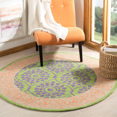 Guzi Hand Hooked Wool/Cotton Floral Rug in Violet/Green
