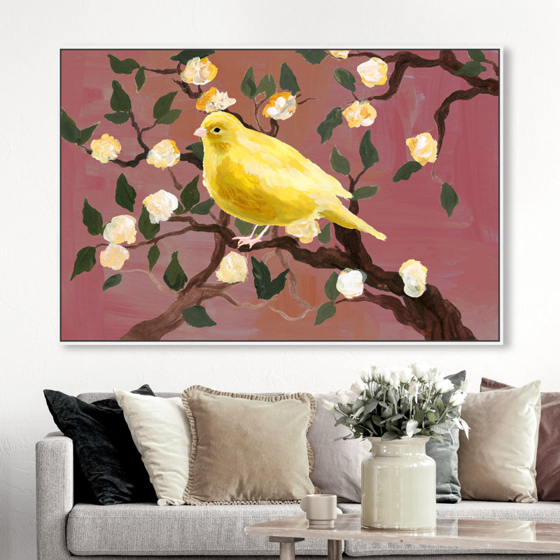 Reproduction d’art graphique sur toile « Animals Yellow Bird Bloom », Cadre flottant blanc, H 36 po x l 54 po x P 1,5 po