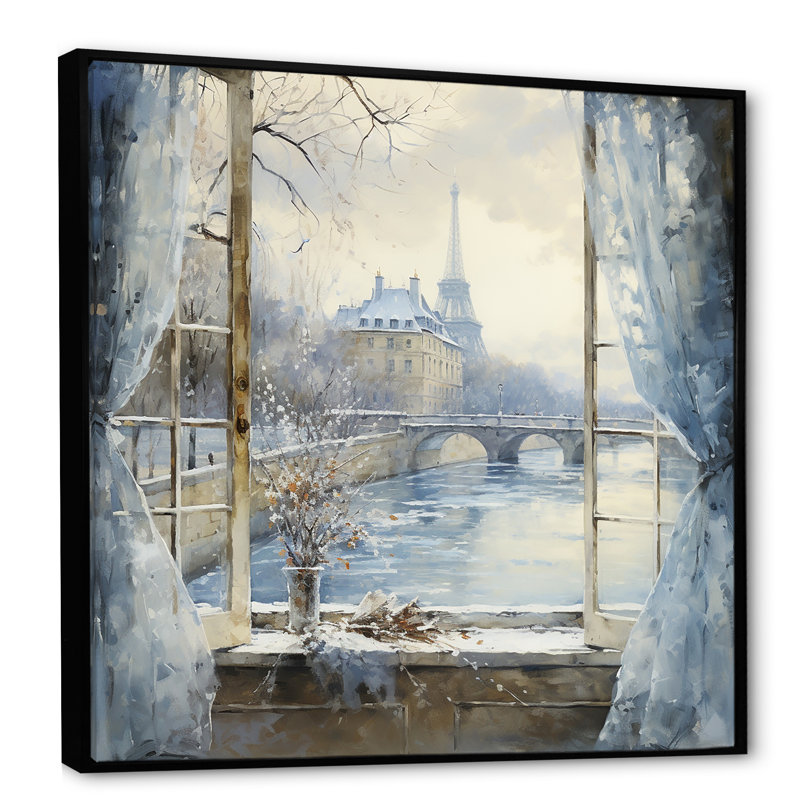 Hiver Paris, Tour Eiffel, ville charmante II - Art mural de la ville de Paris, Cadre flottant noir