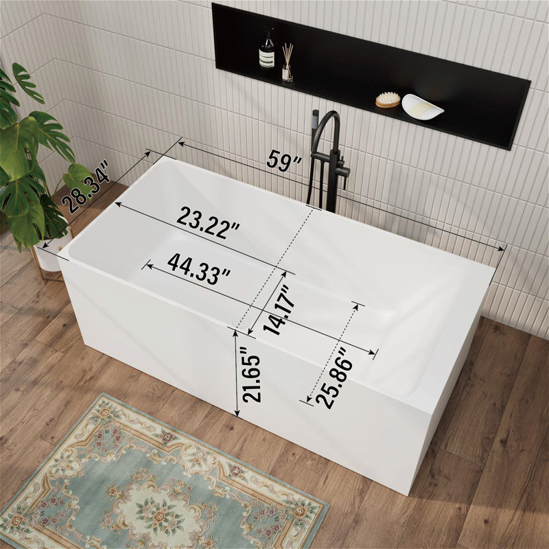 59" L Rectangular Freestanding Bathtub White Sloped Backrest