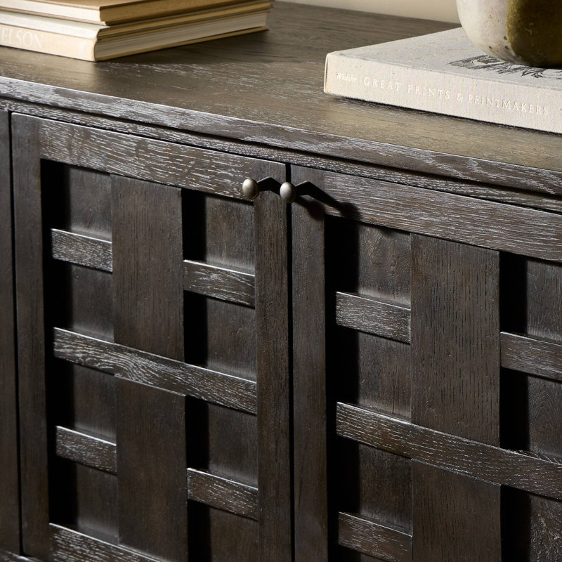 Alessio Media Console-Aged Natural Oak, Smoked Black