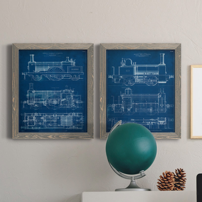 «Locomotive Blueprint I», ensemble de 2 impressions encadrées sur toile, H 20 po x l 34 po x P 1,5 po, Gris