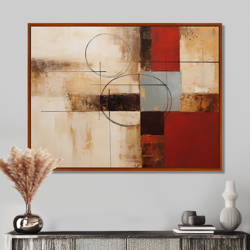 «Cubist Red Beige Colorfields - Abstract Collages», reproduction d'art mural, Toile avec cadre flottant brun