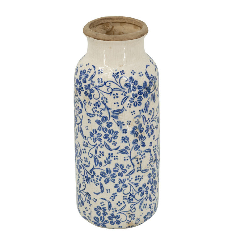 D6,3x15,2 "Vase décoratif en céramique bleu et blanc avec motifs floraux traditionnels