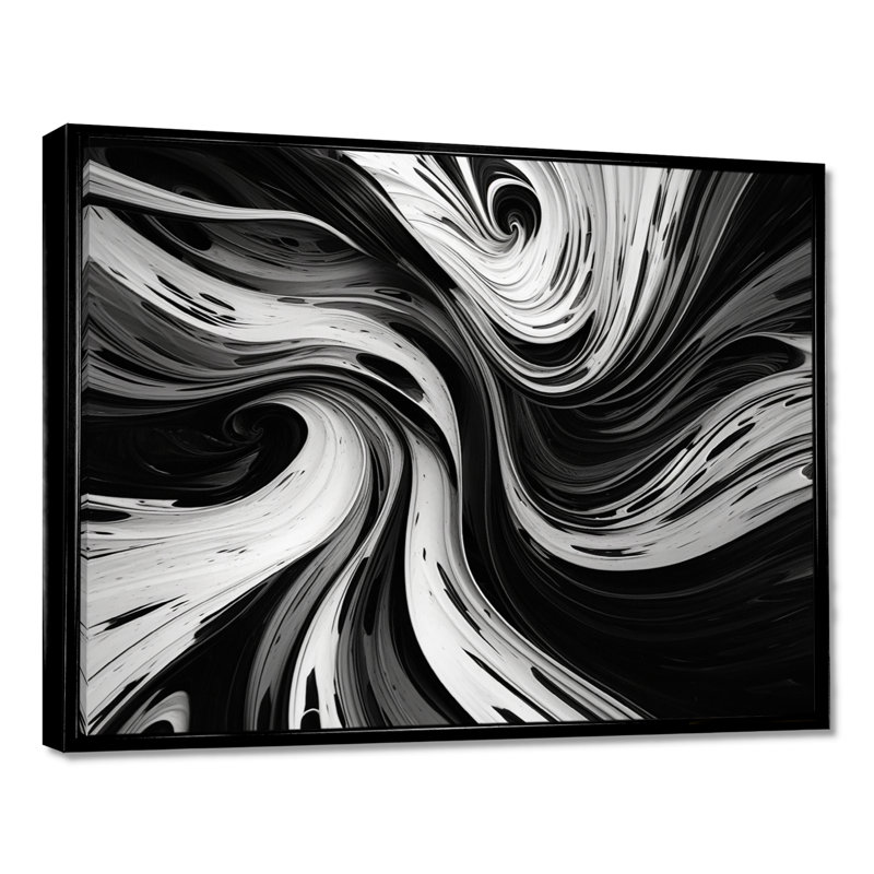 «Black White Whirling Joy» - art mural abstrait en spirale, Cadre flottant noir, H 12 po x l 20 po