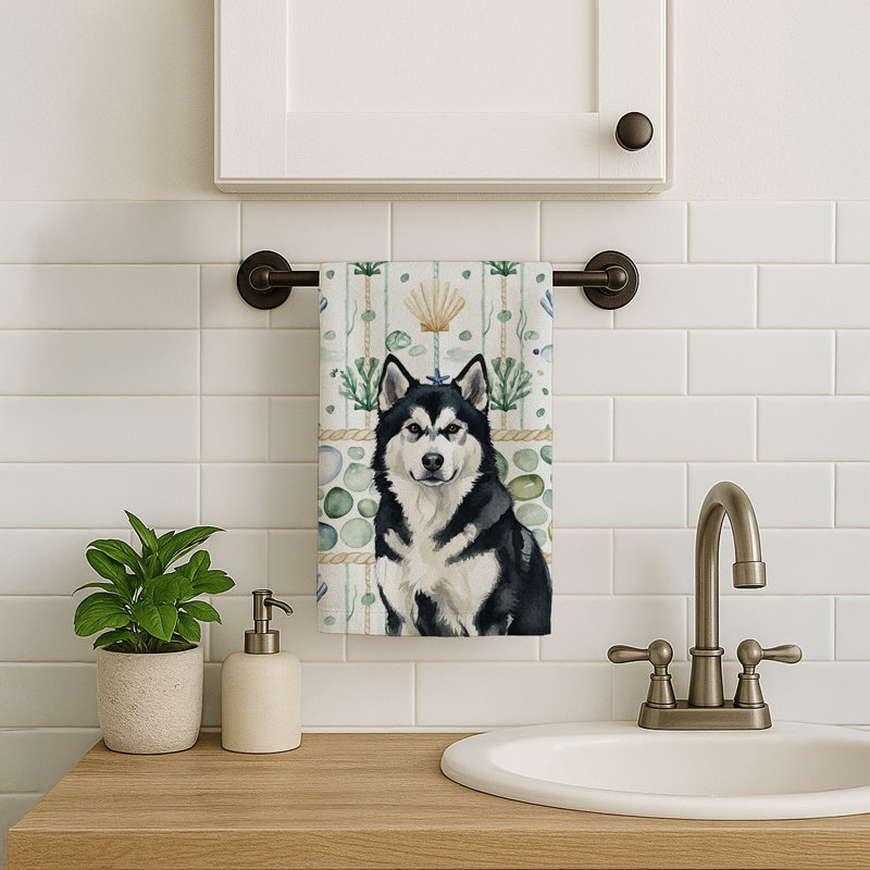 Black and White Alaskan Malamute Coastal Sea Glass Kitchen Towel, Black and White Alaskan Malamute