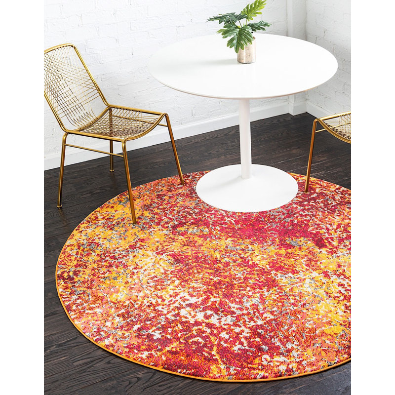 Tapis à motif abstrait rouge / jaune / rose Shirey, Rond 8 pi