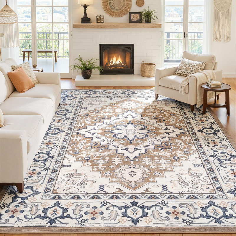 Eleana Vintage Distressed Washable Area Rug with Non-Slip Backing Brown Beige, Rectangle 8' x 10', Brown Beige