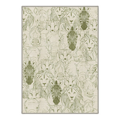Safari Silk Animal Print Machine Washable Green / Beige Indoor Area Rug with Non-Slip Backing
