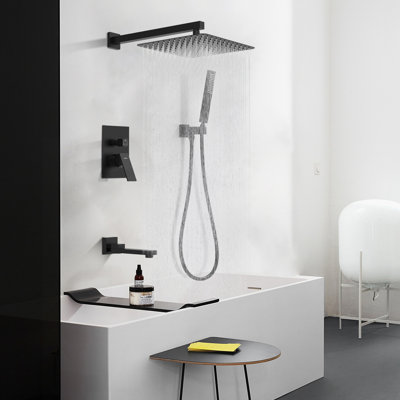 Male NPT Folding Bathtub Shower Faucet, Rain Shower Head System With Bath Tub Faucet Set And Handheld For Bathroom, Matte Black 3 Function Tub Shower Rough-In Valve And Diverter