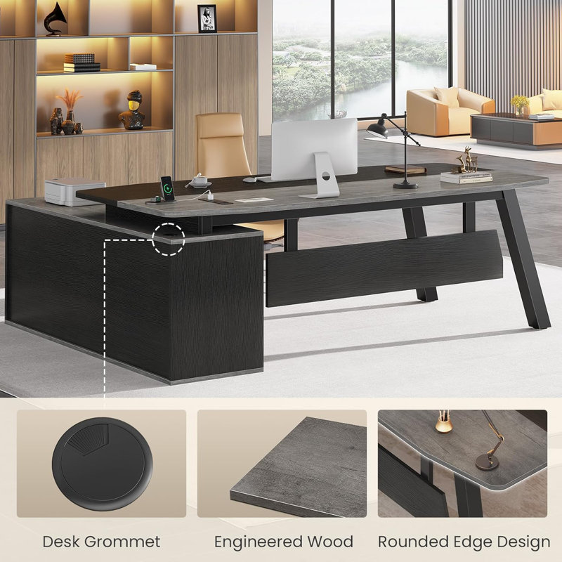 Bureau de direction 71 po avec classeur, Gris