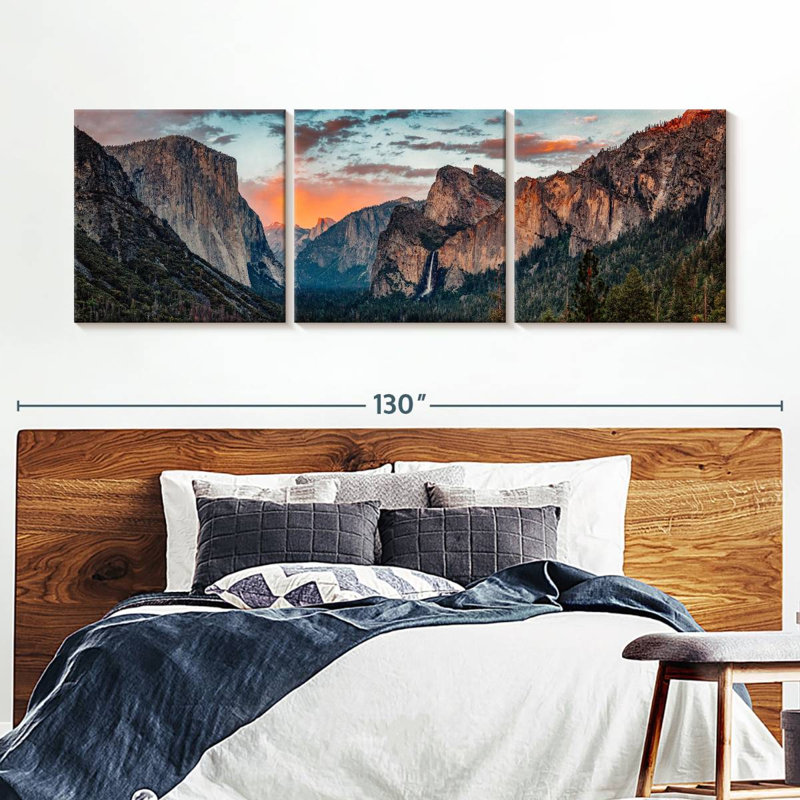 «Mountain Yosemite Sunset Splendor» sur toile, reproduction de 3 pièces, H 36 po x l 110 po