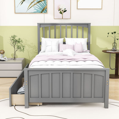 Twin Size Wood Platform Bed with Storage Drawers and Headboard