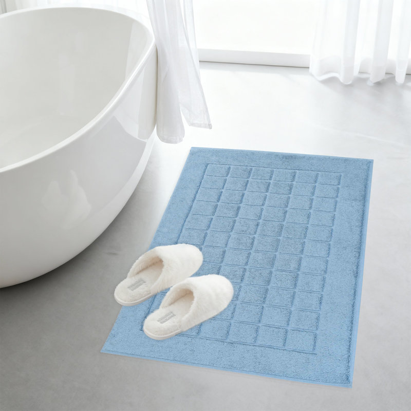 100% Cotton Thick & Absorbent Reversible Checkered Bath Mats - Set Of 2, Denim Blue