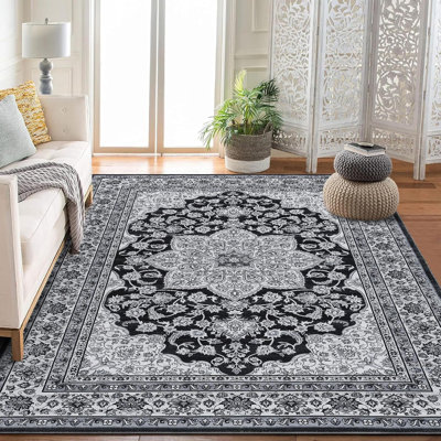 Vintage Washable Area Rug, Floral Medallion, Soft Accent Carpet for Living Room, Bedroom, Entryway, Non-Slip, Low-Pile, (Brown)