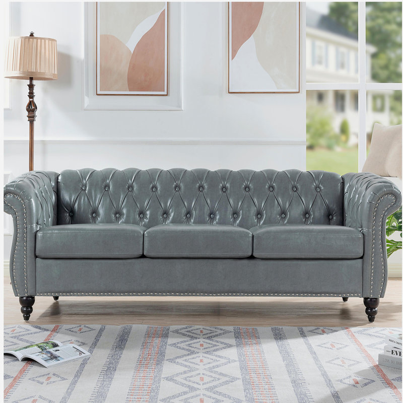 Canapé Chesterfield à accoudoirs roulés 84,65 po, Gris, Noir