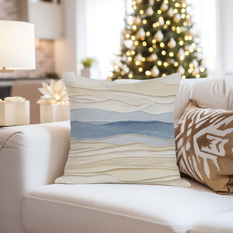 Abstract Blue Beige Waves Pattern II Modern Throw Pillow Cover, 18x18