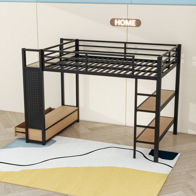 Metal Loft Bed Frame With Wardrobe, Pegboard, Storage Shelves And Drawers