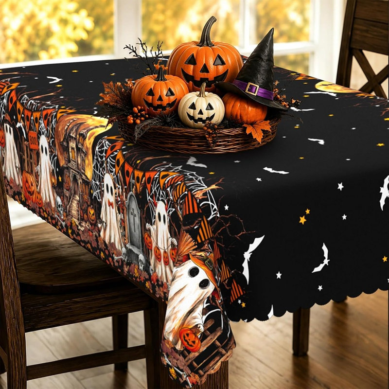 Nappe d'Halloween, toile d'araignée citrouille fantôme et conception de château effrayant, housse de table réutilisable pour table à manger, fête d'Halloween, décorations intérieures et extérieures