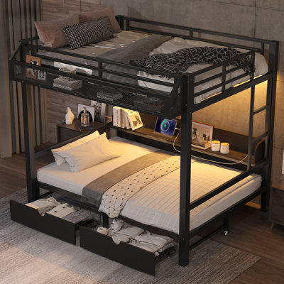 Full Over Full Metal Paulinda & Drawers, Usb Ports & Led Lights, Convertible Lower Bed To Sofa, Black, Space-saving For Bedrooms & Dorms