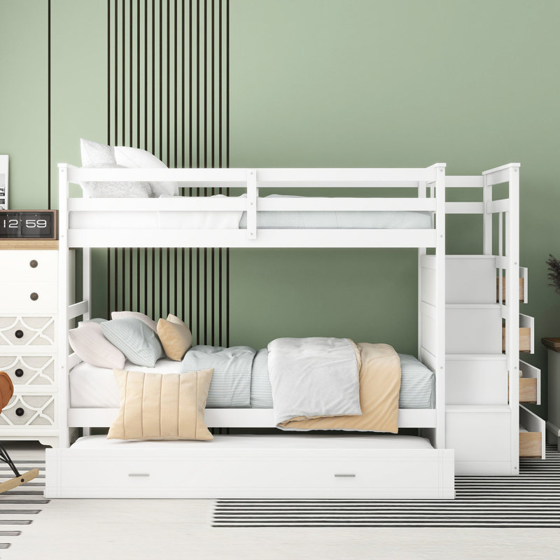 Lit superposé simple au-dessus d'un lit superposé en bois massif avec escalier multifonction et lit gigogne - Mobilier de chambre polyvalent fabriqué en blanc