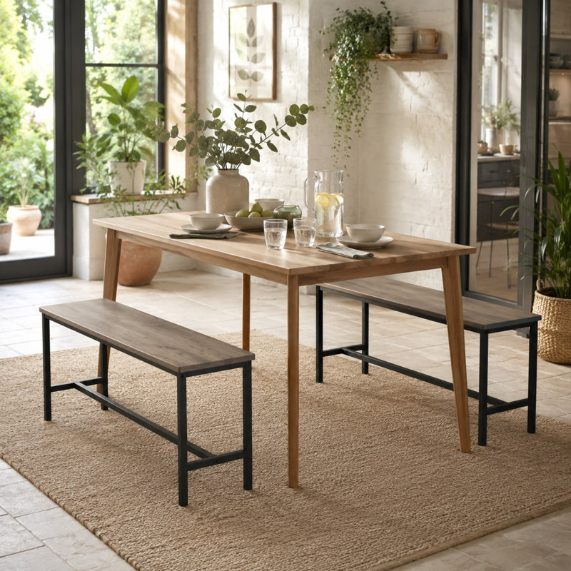 Set of 2 Industrial Dining Bench Powder Coated Steel Frame Table Seating, Dark Oak