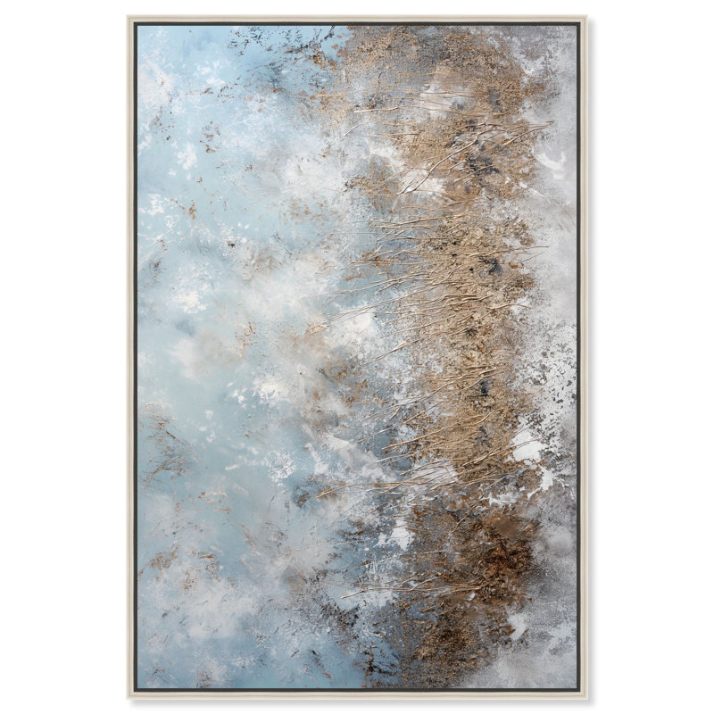 Cerulean Shore Canvas Elegant Gold Abstract par Art Remedy, Cadre argenté, H 31 po x l 21 po