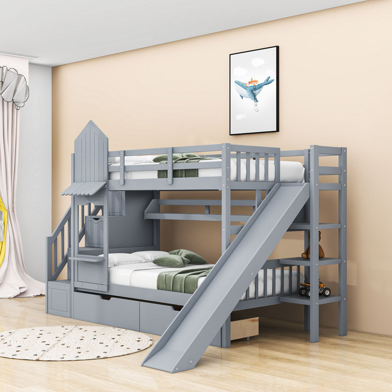 Jahmya 2 Drawers Wood Bunk Bed with Shelves and Slide, Twin over Twin, Gray