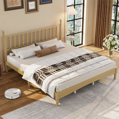 Lit plateforme très grand en bois avec tête de lit en forme de gourde, lit plateforme de style rétro avec support à lattes en bois, naturel