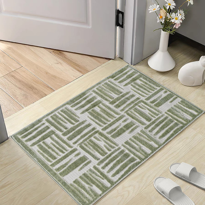 Turkish Unfaded Plaid Indoor Outdoor High-Low Pile Area Rug in Green/Cream for Patios, Deck, Porch Or Entryway, Green