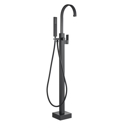 WOODBRIDGE F0062MB Contemporary Single Handle Floor Mount Freestanding Tub Filler Faucet with Hand Shower in Matte Black Finish. 