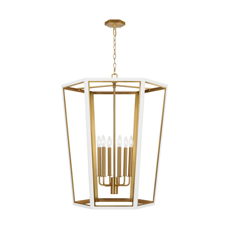 6 - Light Dimmable Lantern Geometric Chandelier, Matte White/Burnished Brass