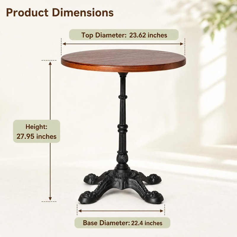Table de bistro ronde vintage, plateau en pin massif, piètement en fonte à quatre pattes pointues, noire