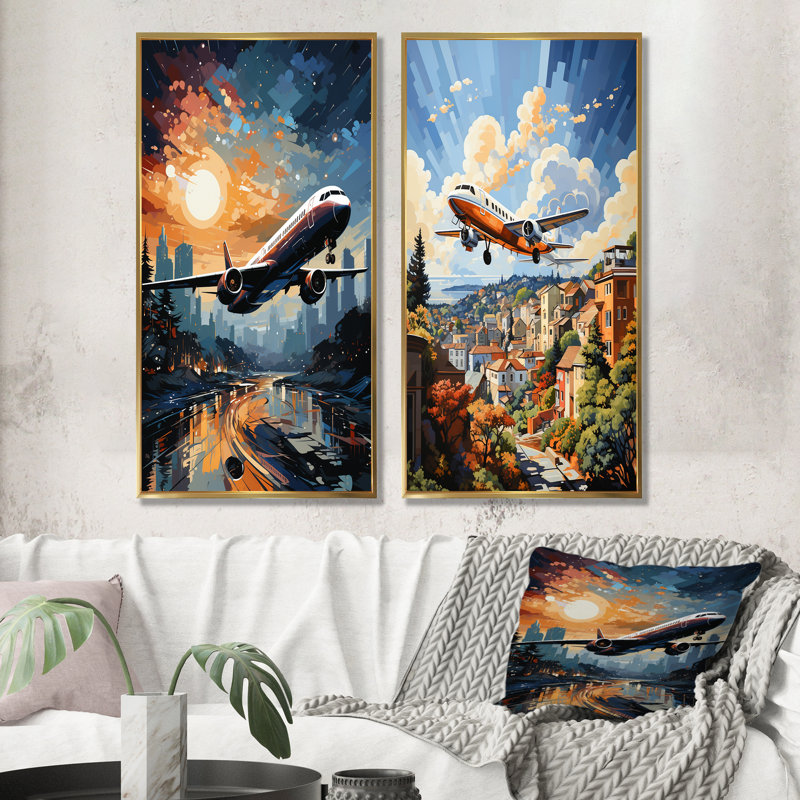 Plane Prelude To Flight Adventure - Ensemble de 2 décorations murales avion, H 28 po x l 25 po, Encadrement doré