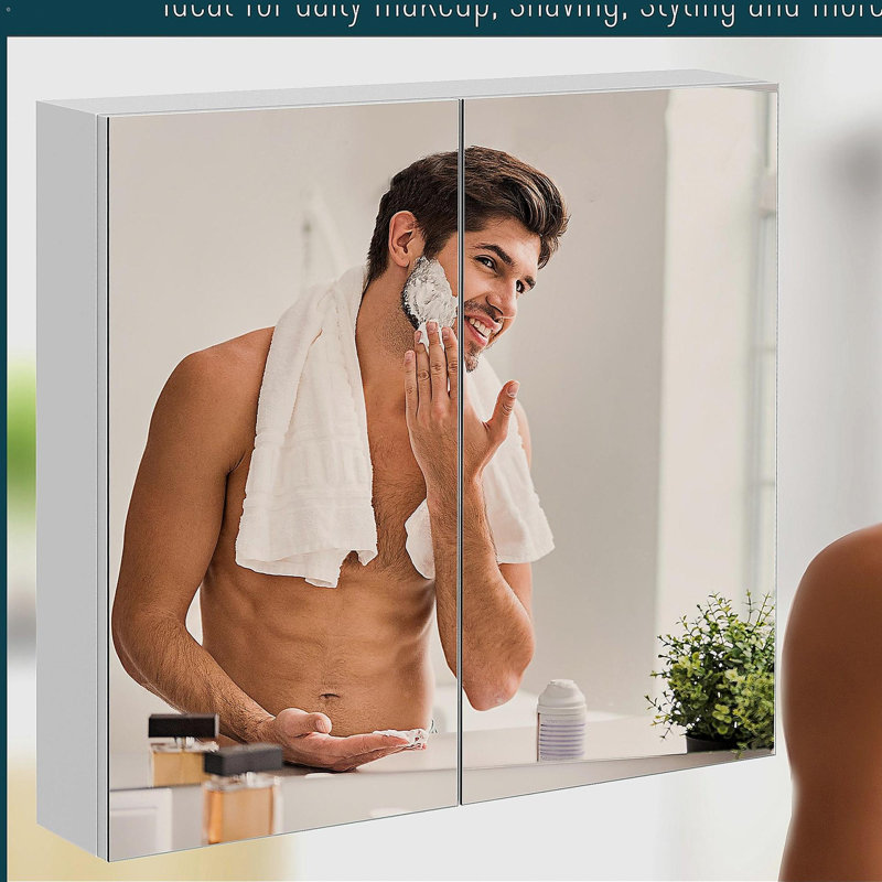 Armoire de salle de bain avec miroir, armoire à pharmacie avec cadre en acier, rangement mural