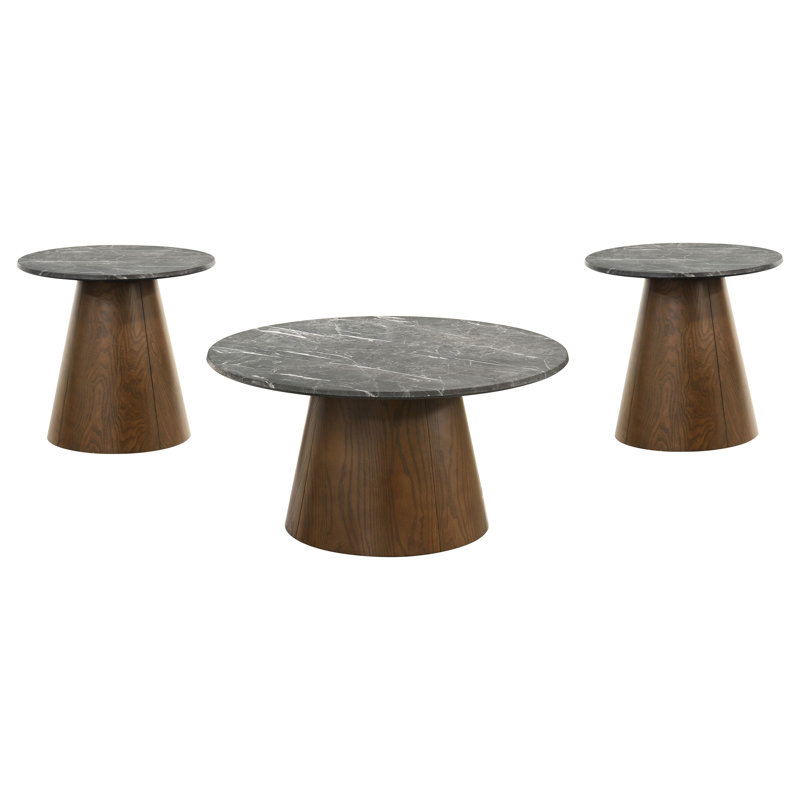 Ensemble de tables basses rondes à piédestal 3 pièces Franklin gris et brun foncé, 3 Pieces: Coffee Table, 2 End Tables