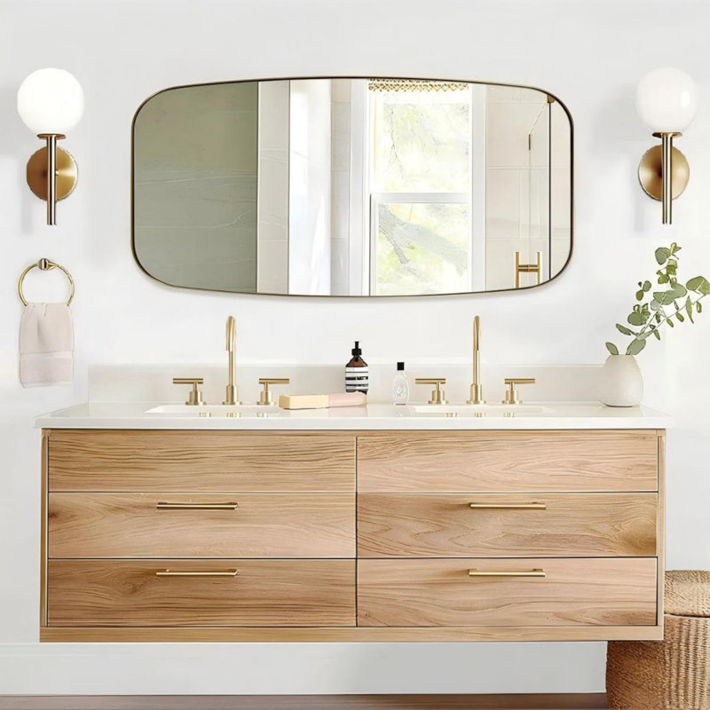 Modern Oblong Oval Bathroom Vanity Mirror | Stainless Steel Frame, Brushed Gold, 55" x 30" 