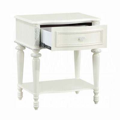Dorie Nightstand, Drawer & Shelf, Egg Molded Trim, Floral Carved Ivory Wood
