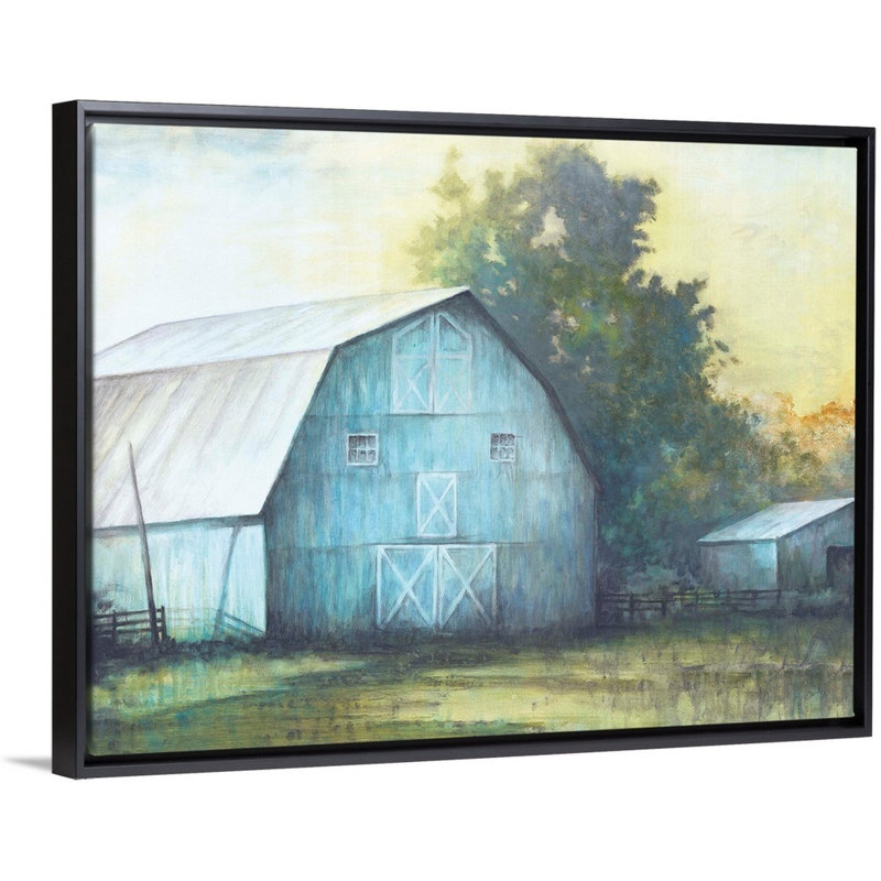 Grange bleue rustique par échelle blanche-reproduction d’art sur toile, Cadre noir, H 14 po x l 18 po x P 1,75 po