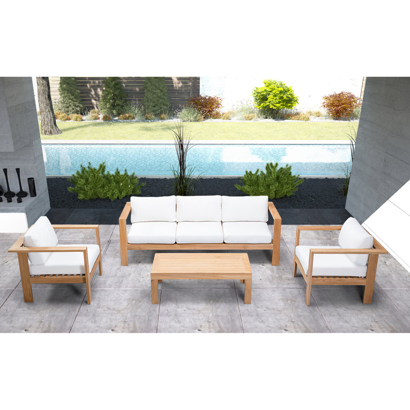 Ando 4 Piece Teak Sofa Seating Group with Sunbrella Cushions, Canvas Natural Sunbrella® Canvas
