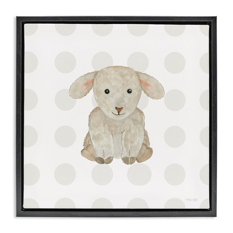«Nursery Lamb on Dots» par Cindy Jacobs, Cadre flottant noir de jais, H 18 po x l 18 po
