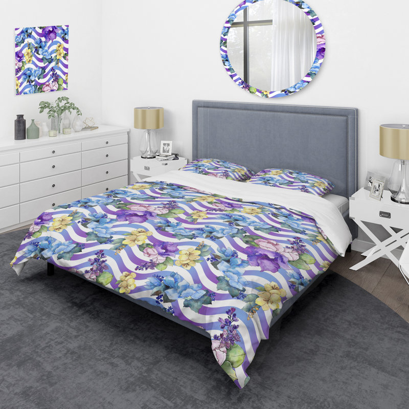 Ensemble de housse de couette en microfibre mauve / blanc / jaune, Housse de couette pour très grand lit et 2 très