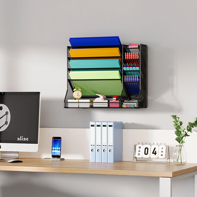 File Organizer Wall Mounted, 4 Tiers Durable Adjustable Metal Desk Organizer, Desktop Vertical Hanging File Holder With 4 Pen Slots Stable, 4 Pull-Out Divider For File, Mail, Newspaper, Black