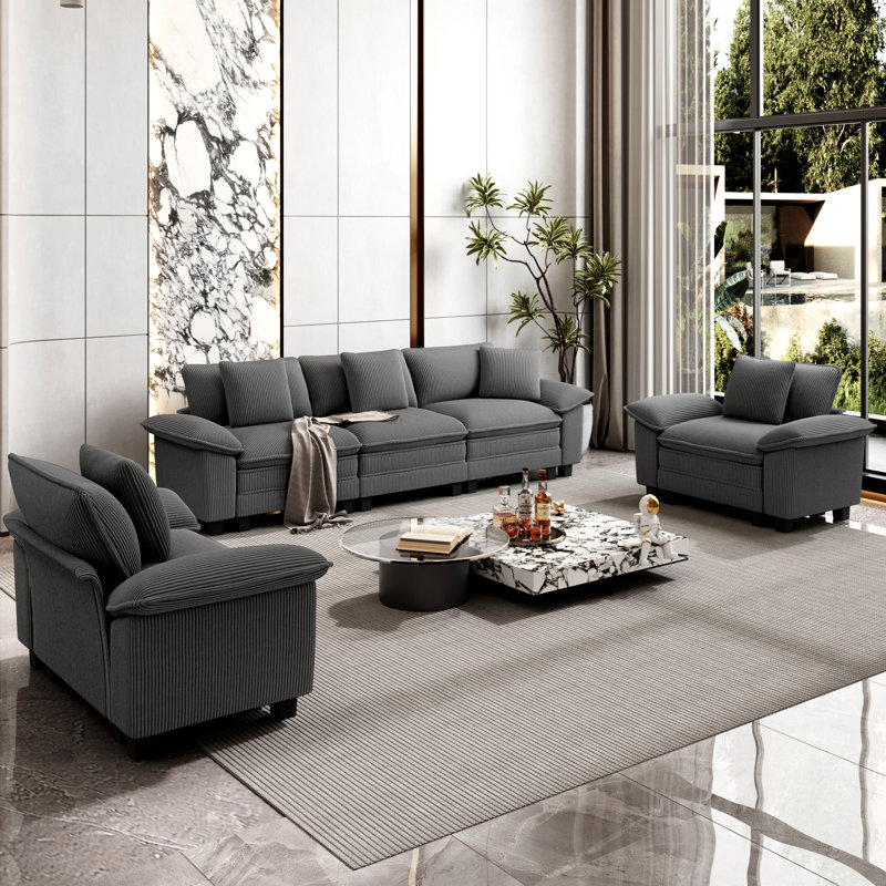 5 - Piece Living Room Set, Light Grey Corduroy