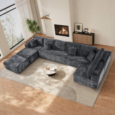 177"W Oversized Modular Corduroy Sectional Sofa with Deep Seating Neck Roll Pillows