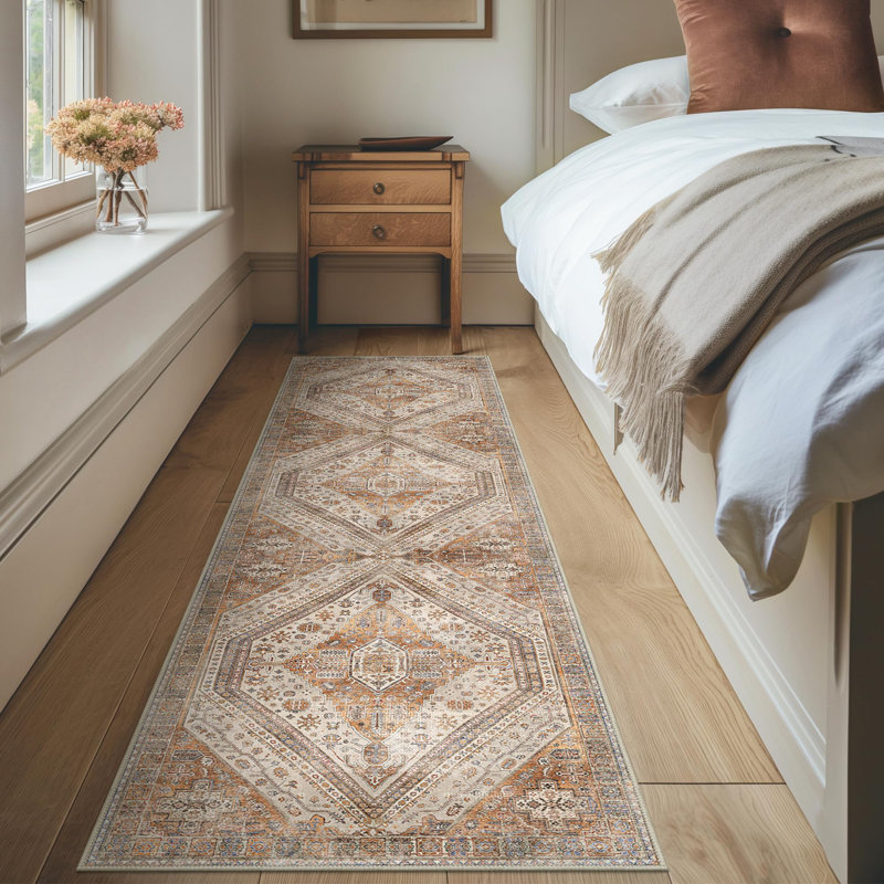 Tapis d'intérieur antidérapant à motif oriental or / orange, Tapis de couloir 2 pi x 10 pi
